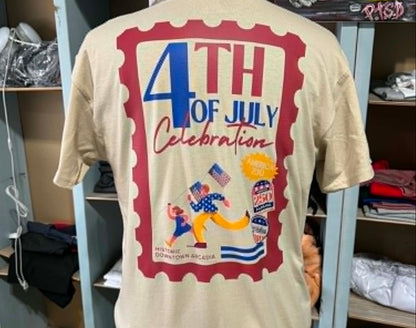 Person wearing a '4th of July Celebration' t-shirt in a store setting